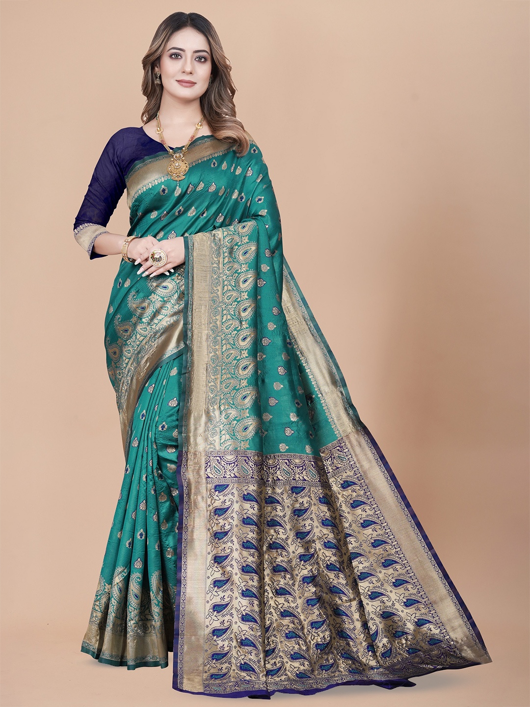 

MUKHITA Ethnic Motifs Woven Design Zari Banarasi Saree, Teal