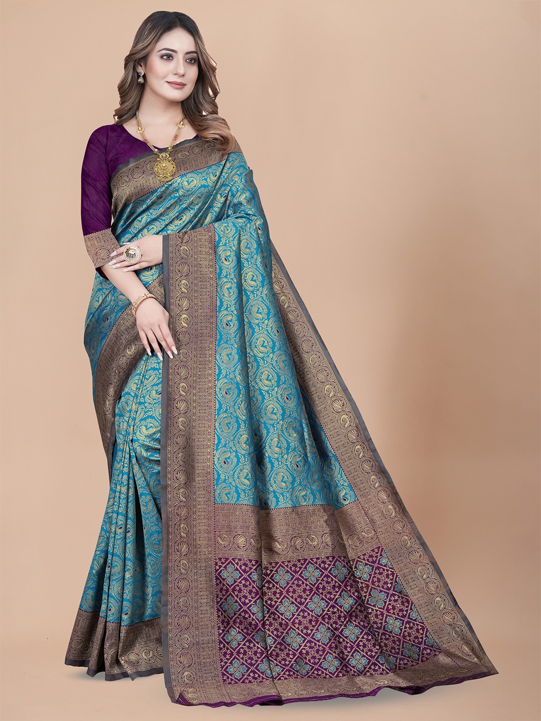 

MUKHITA Ethnic Motif Woven Design Zari Kanjeevaram Saree, Turquoise blue