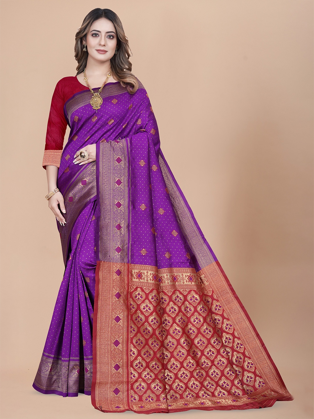 

MUKHITA Ethnic Motifs Woven Design Zari Banarasi Saree, Purple