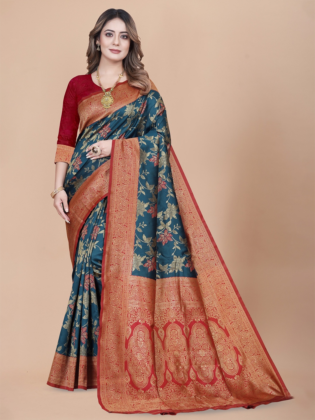 

MUKHITA Ethnic Motifs Woven Design Banarasi Saree, Blue