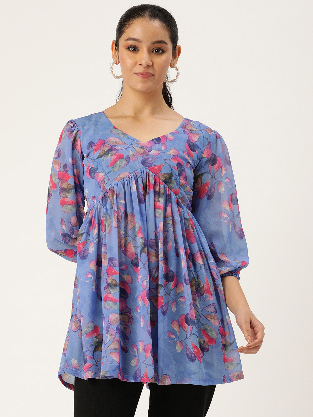 

LOOKNBOOK ART Printed Puff Sleeves Georgette Tunic, Turquoise blue