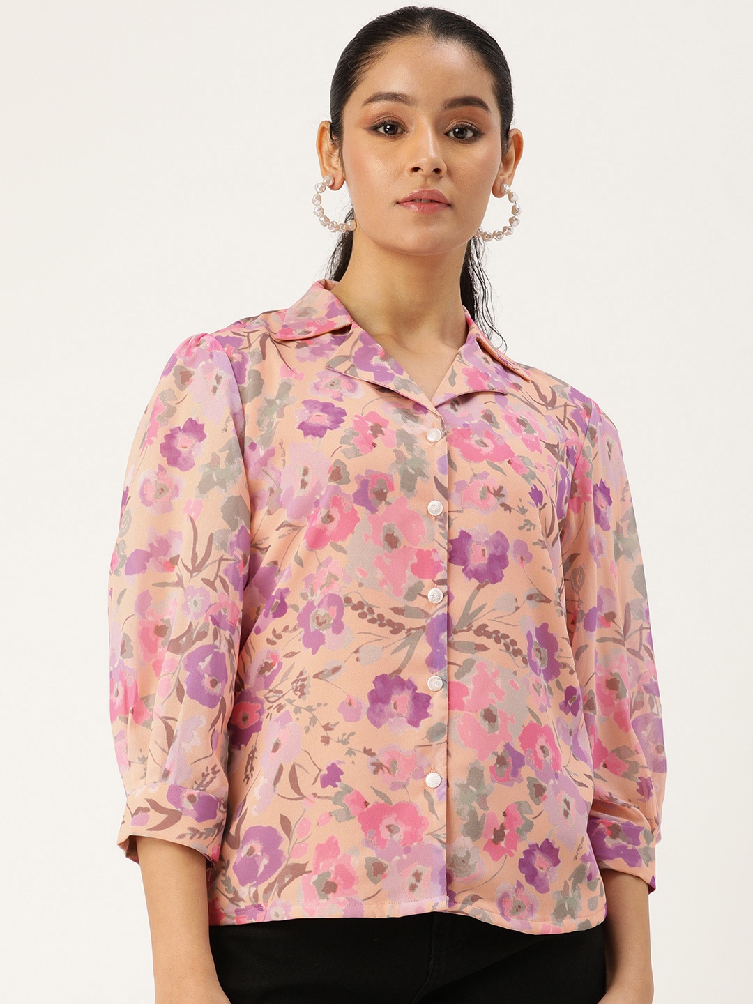 

LOOKNBOOK ART Floral Printed Cuban Collar Georgette Casual Shirt, Pink