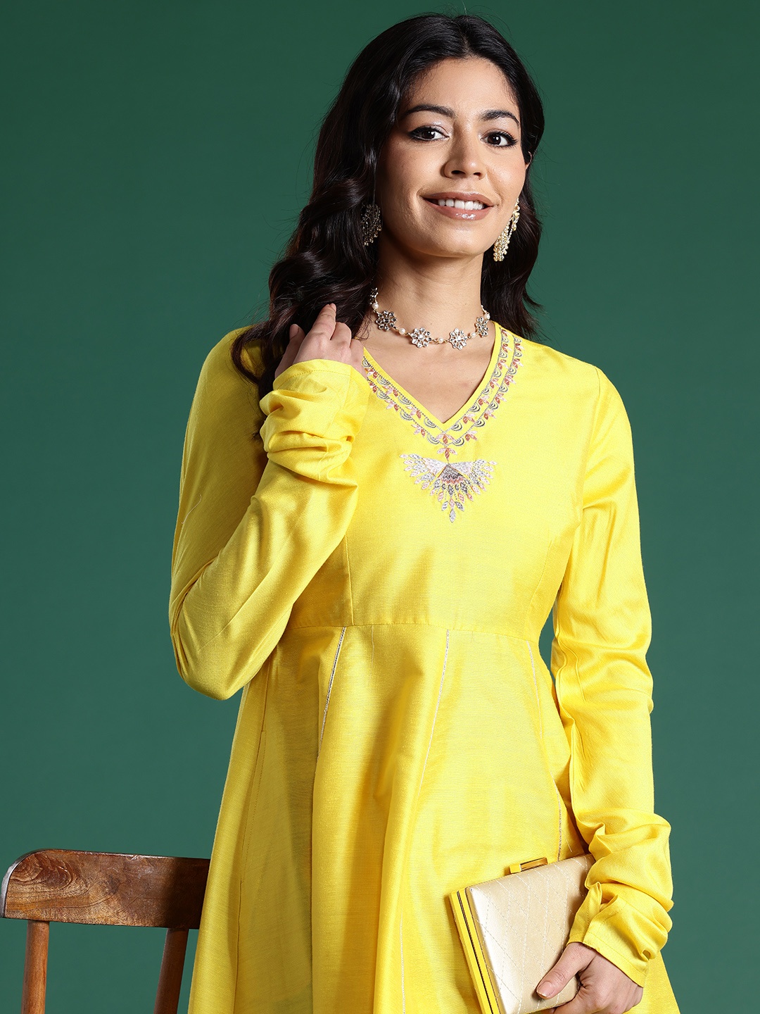 

Sangria Ethnic Motifs Embroidered Thread Work Anarkali Kurta, Yellow