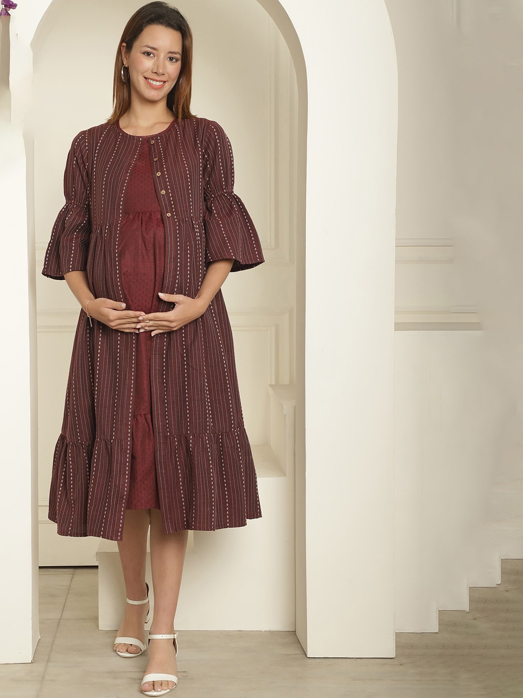 

Moms Maternity Ikkat Printed Longline Button Shrug, Maroon