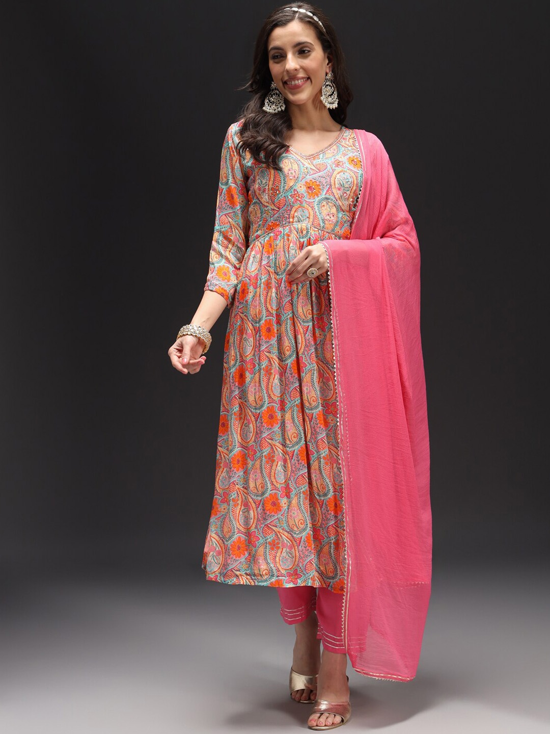 

HEEPOSH Floral Printed Anarkali Silk Crepe Kurta With Trousers & Dupatta, Peach