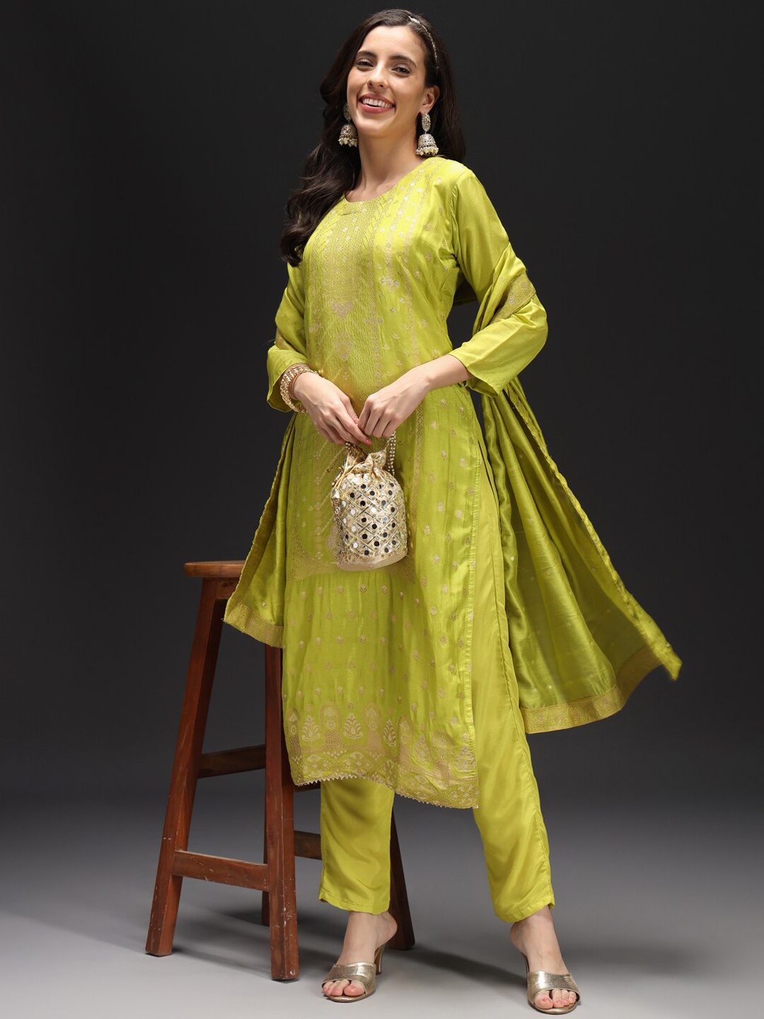 

HEEPOSH Ethnic Motifs Woven Design Kurta with Trousers & Dupatta, Green