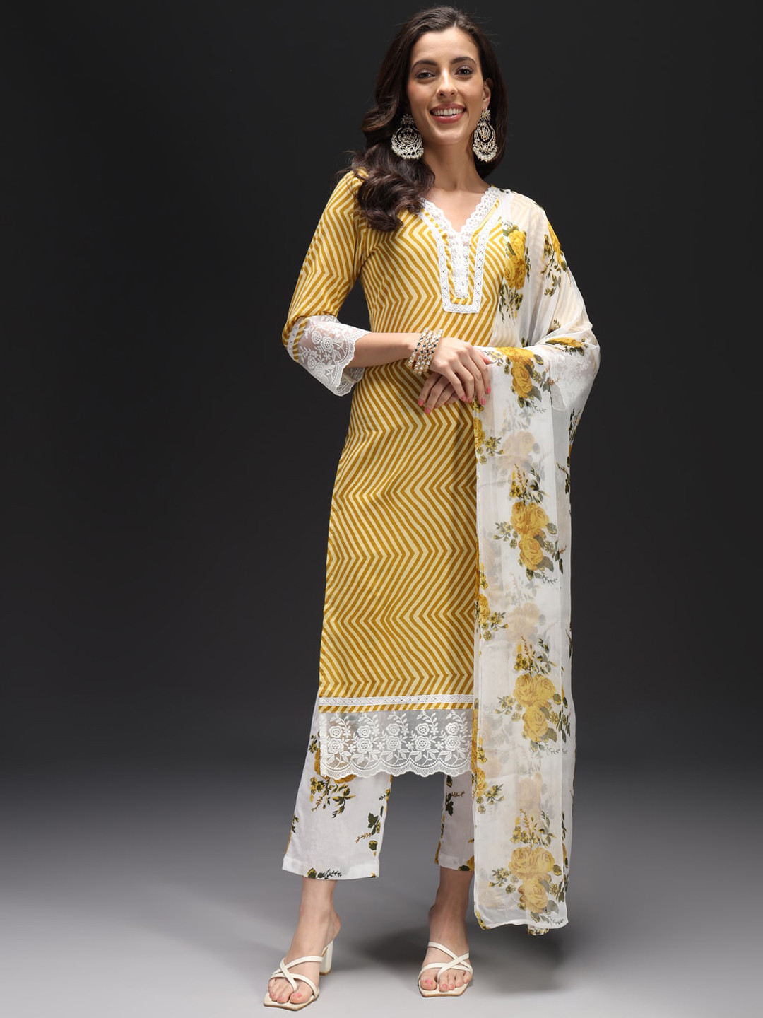 

HEEPOSH Floral Printed Regular Thread Work Pure Cotton Kurta With Trousers & Dupatta, Yellow