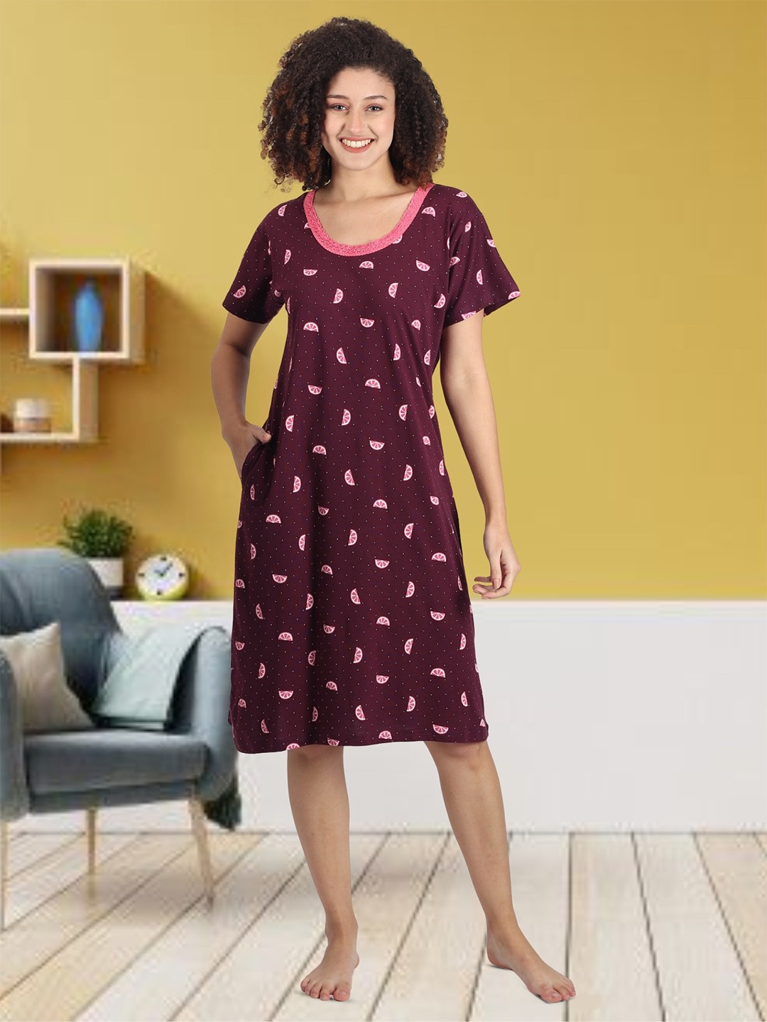 

Noty Printed Pure Cotton T-Shirt Nightdress, Maroon