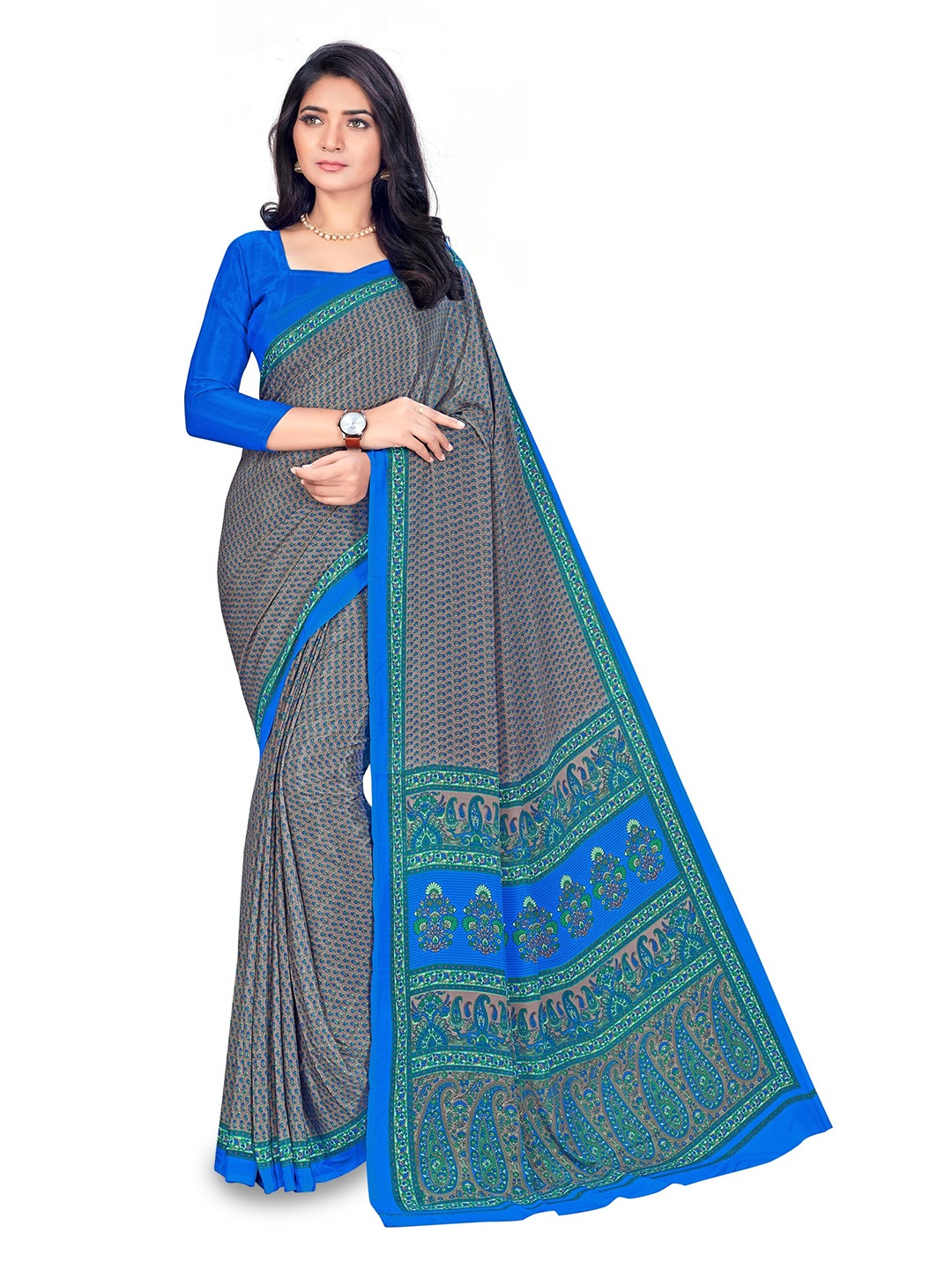 

VIMLA Paisley Pure Crepe Mysore Silk Saree, Grey