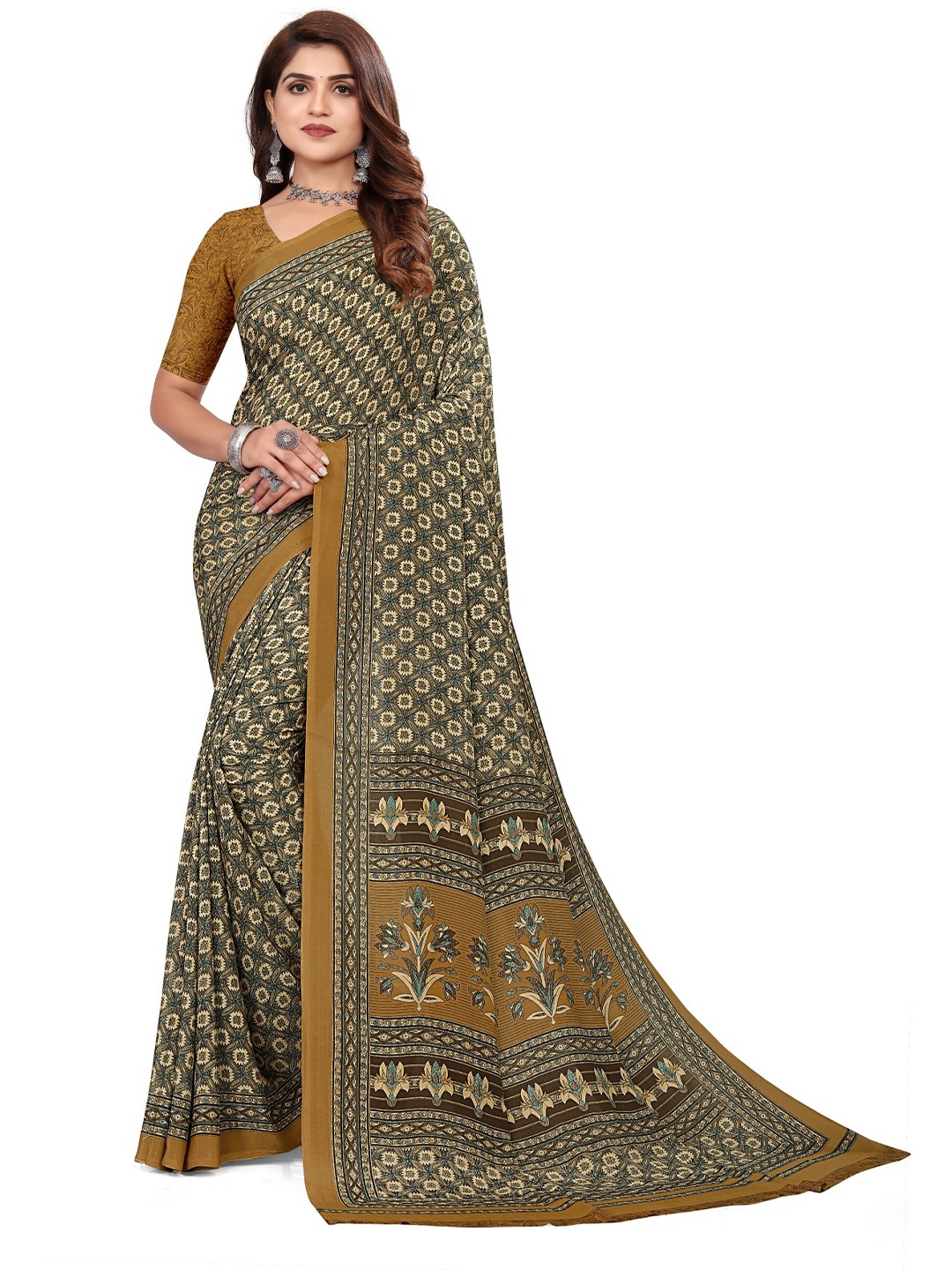 

VIMLA Ethnic Motifs Printed Saree, Brown