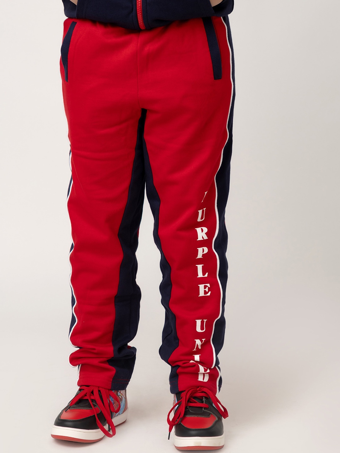 

Purple United Kids Boys Coloblocked Fleece Mid-Rise Track Pants, Red