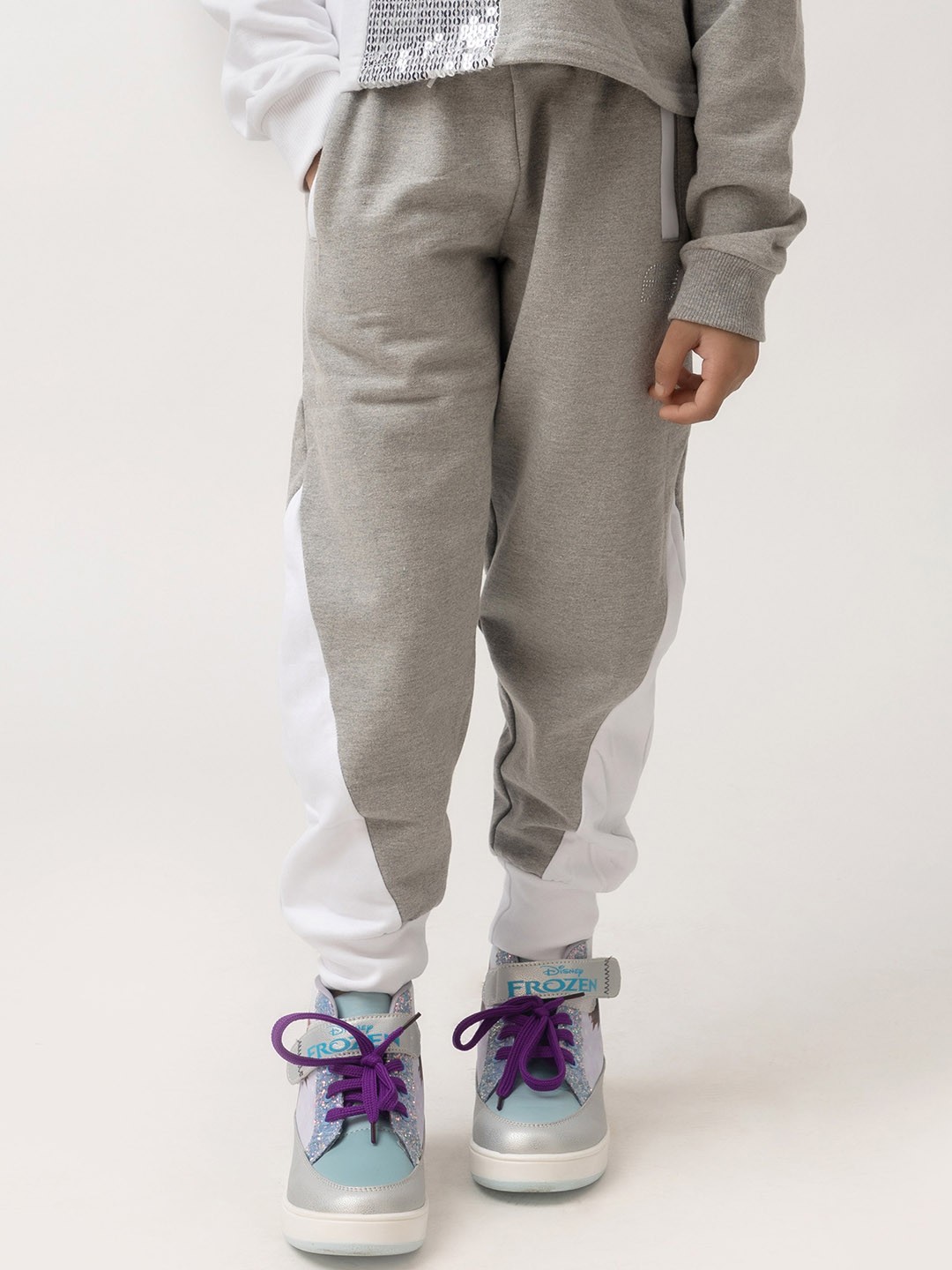 

Purple United Kids Girls Colourblocked Fleece Track Pants, Grey melange
