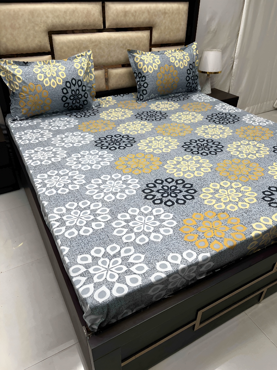 

Pure Decor Grey Ethnic Motifs Cotton 300 TC Queen Bedsheet With 2 Pillow Covers