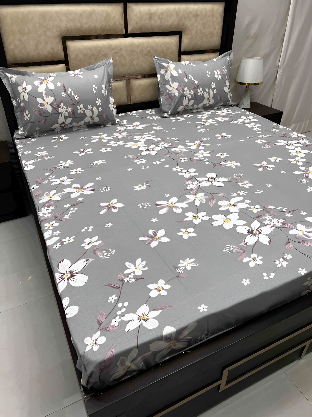 

Pure Decor Grey & White Floral Pure Cotton 300 TC Queen Bedsheet With 2 Pillow Covers