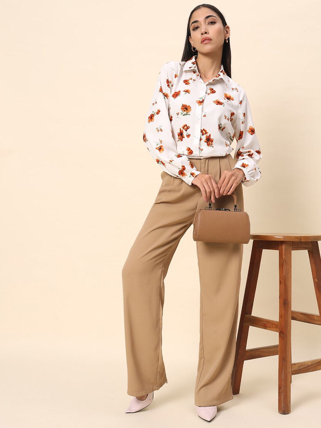 

HERE&NOW White Floral Printed Satin Long Sleeves Casual Shirt