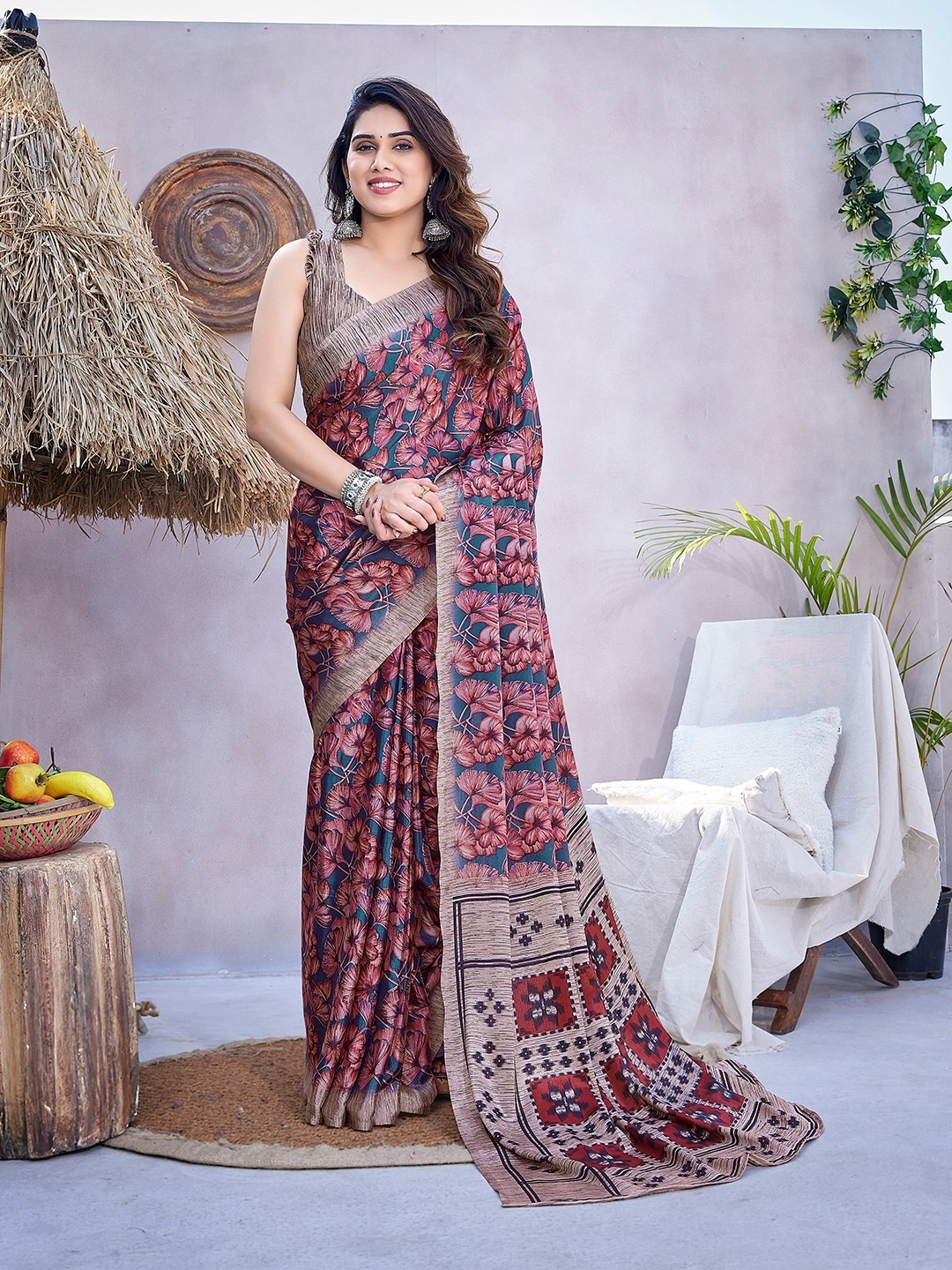 KALINI Floral Printed Saree, Teal