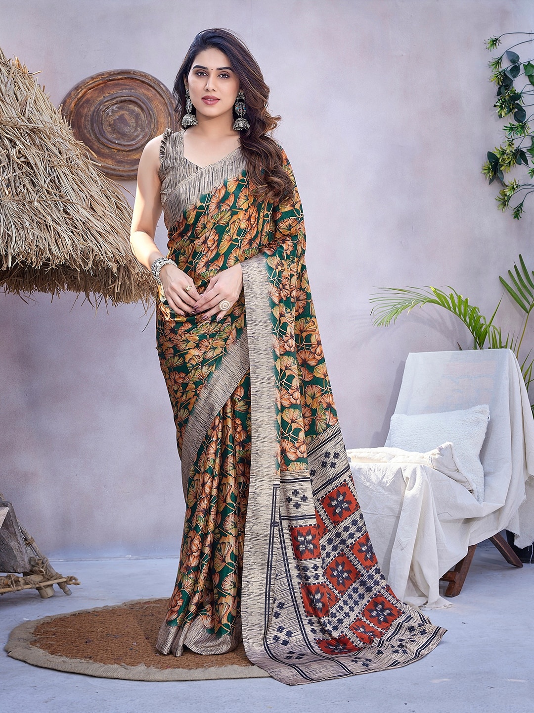 

KALINI Floral Printed Saree, Green