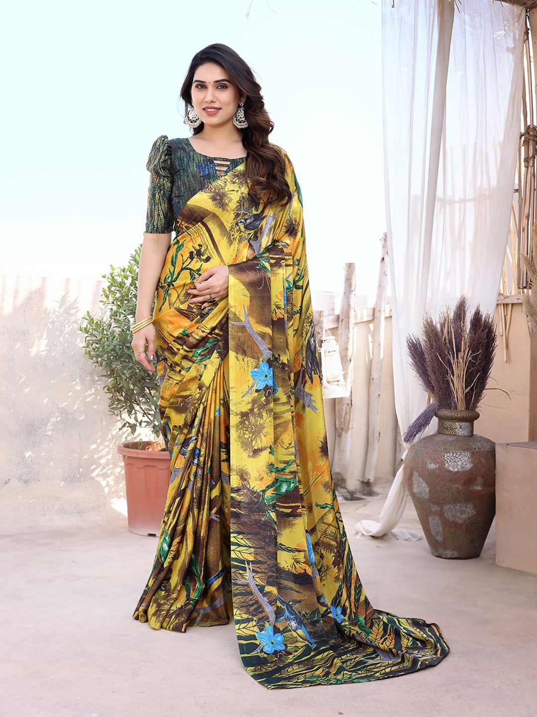 

KALINI Floral Printed Mysore Silk Saree, Brown