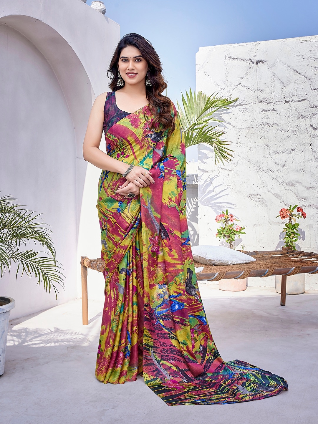 

KALINI Floral Printed Mysore Silk Saree, Purple