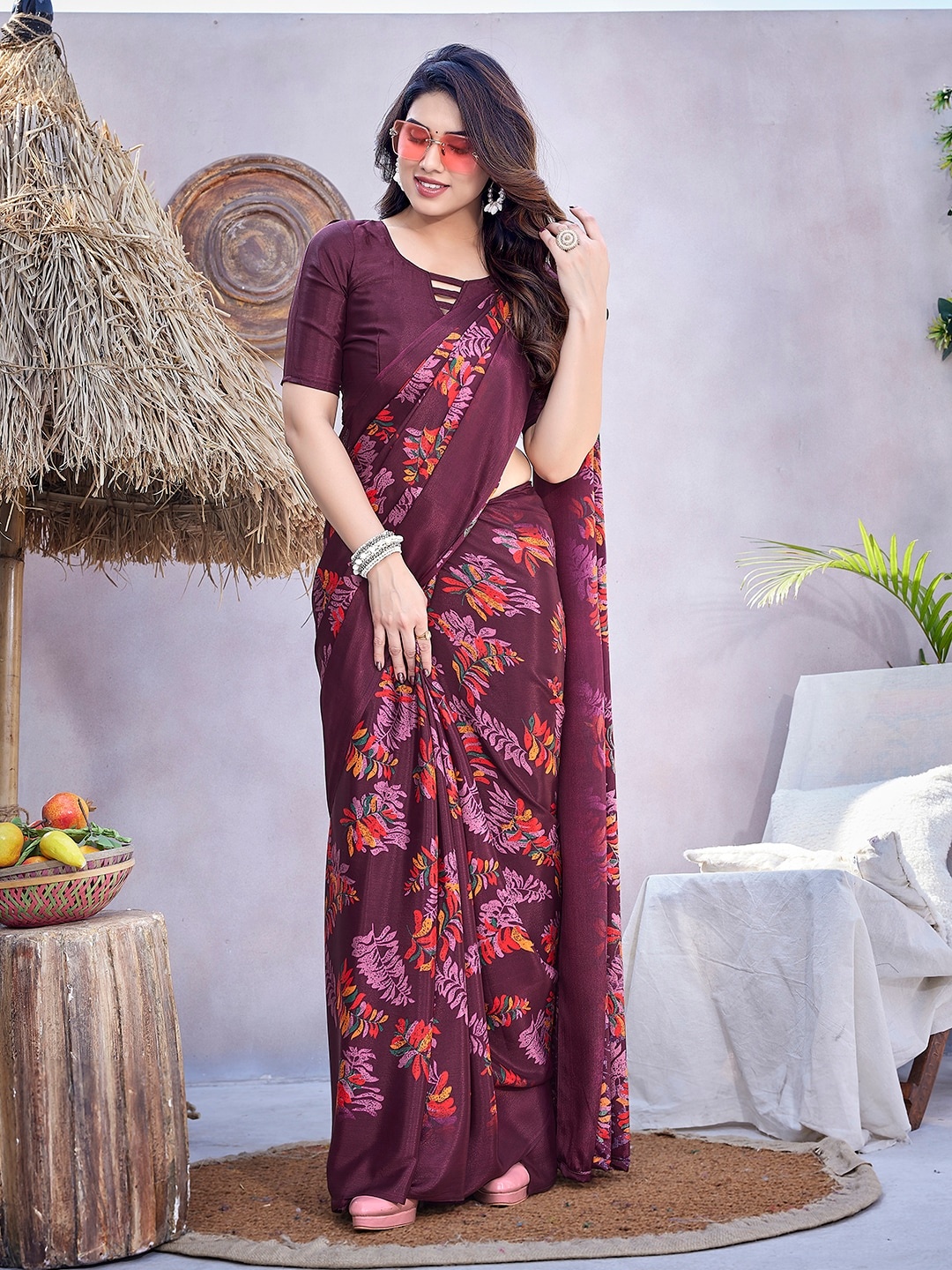 

KALINI Floral Printed Mysore Silk Saree, Purple