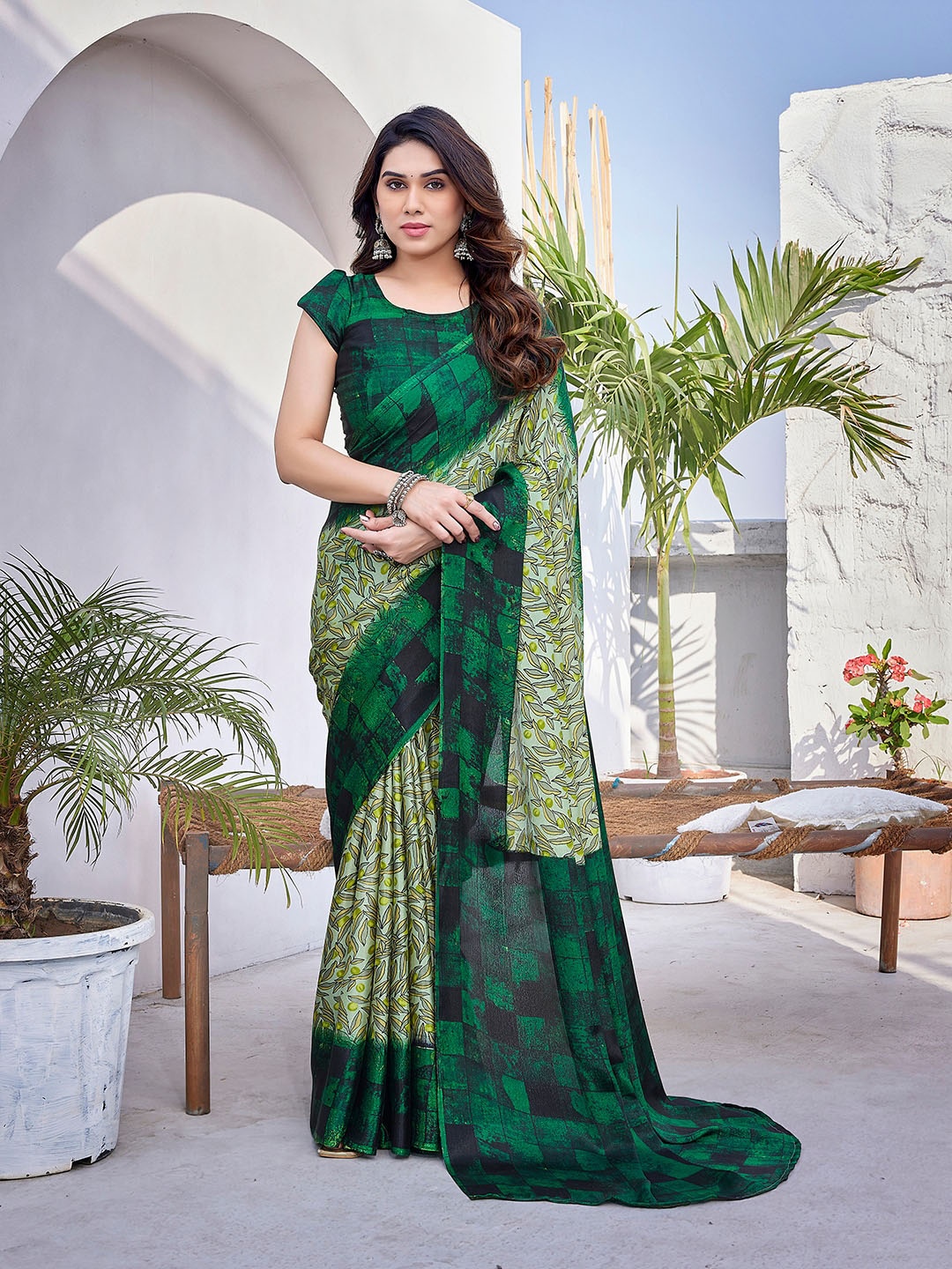 

KALINI Floral Printed Mysore Silk Saree, Green