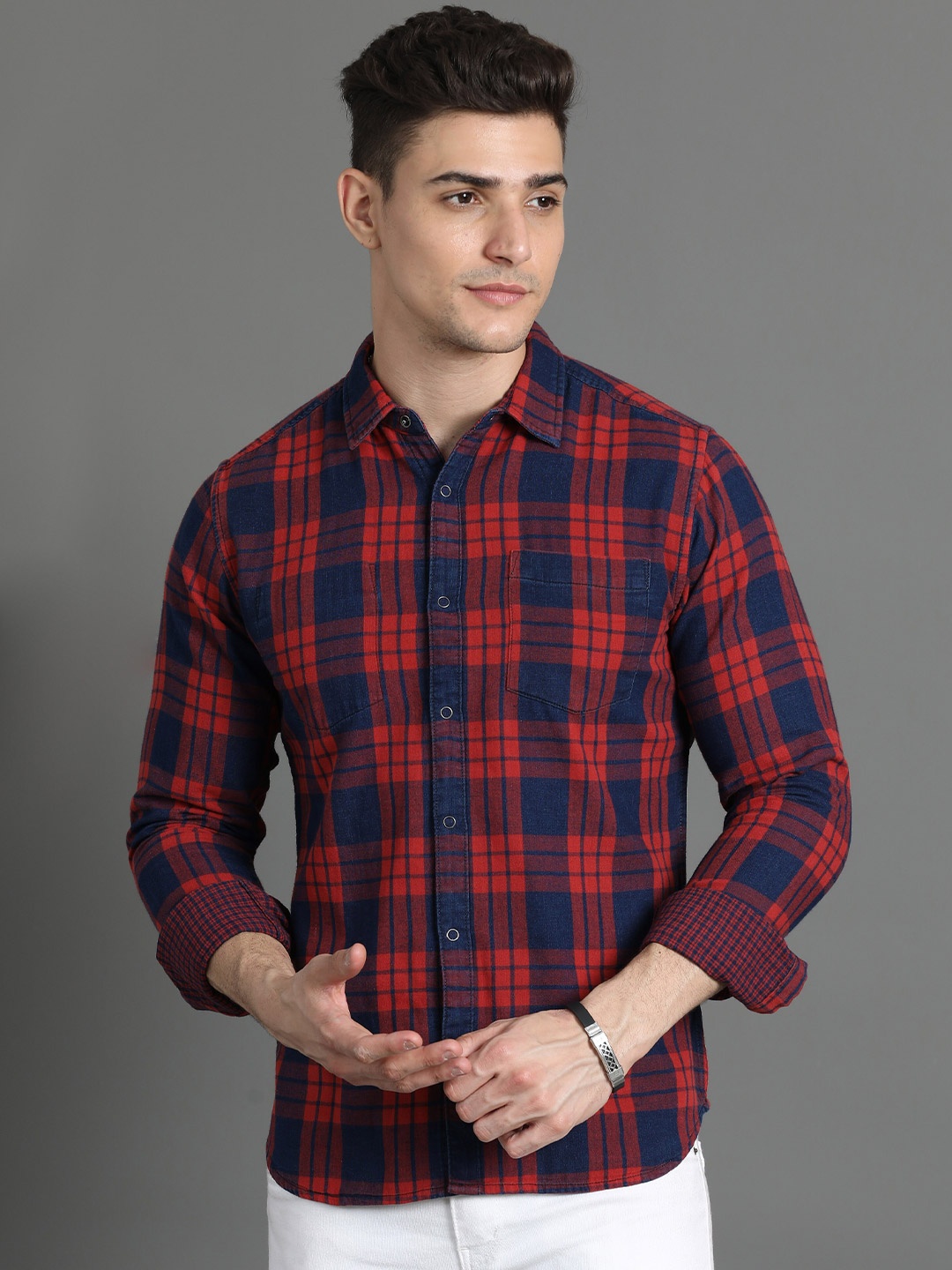 

HERE&NOW Red & Black Slim Fit Tartan Checked Cotton Casual Shirt