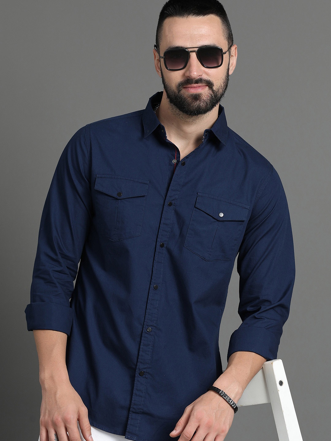 

HERE&NOW Navy Blue Slim Fit Long Sleeves Cotton Casual Shirt