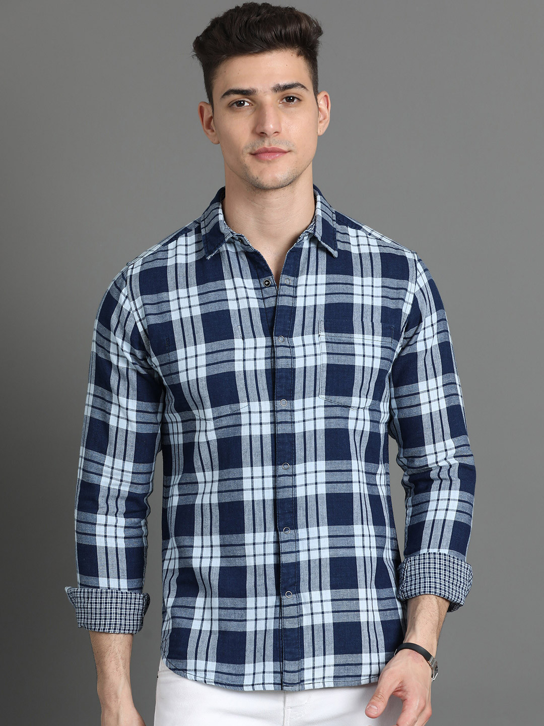 

HERE&NOW Navy Blue Slim Fit Tartan Checked Cotton Casual Shirt