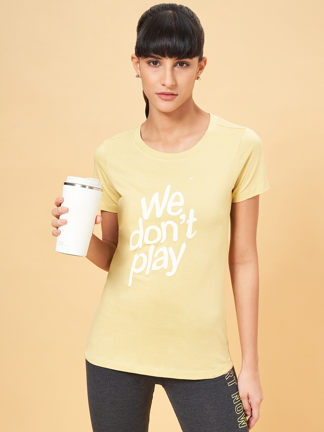 

Ajile by Pantaloons Women Typography Printed Applique T-shirt, Khaki