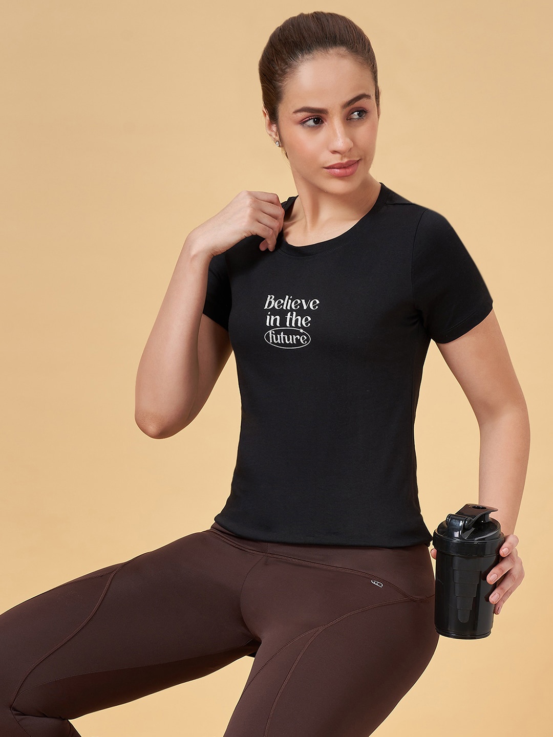 

Ajile by Pantaloons Typography Printed Round Neck Short Sleeves Cotton Regular T-shirt, Black