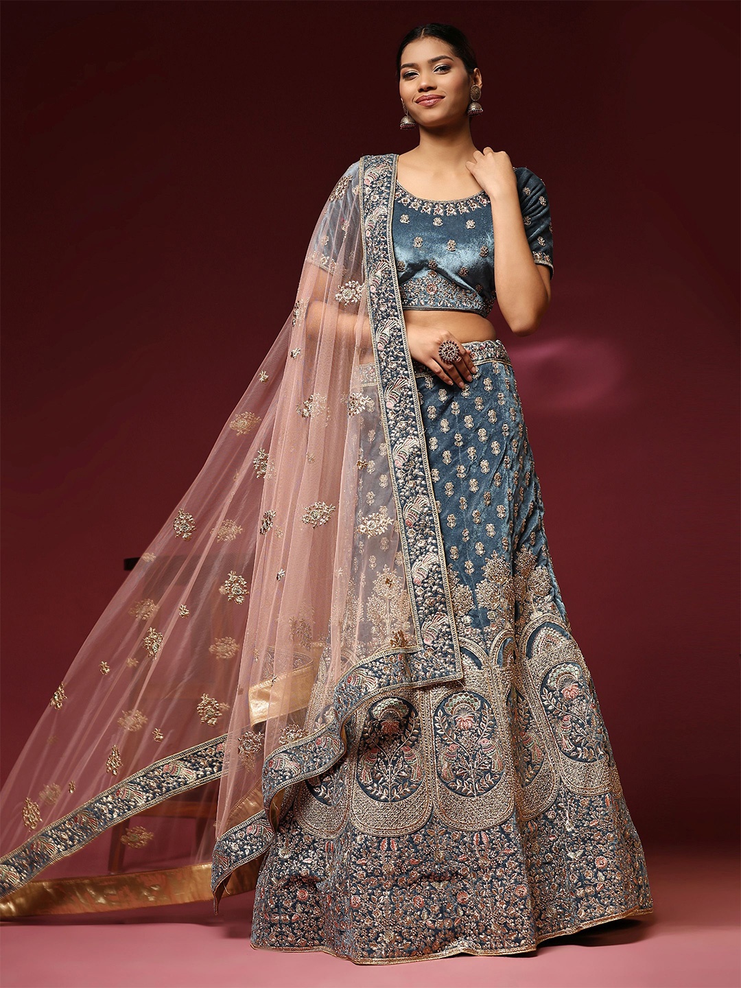 

Phenav Embellished Velvet Ready to Wear Lehenga & Blouse With Dupatta, Blue
