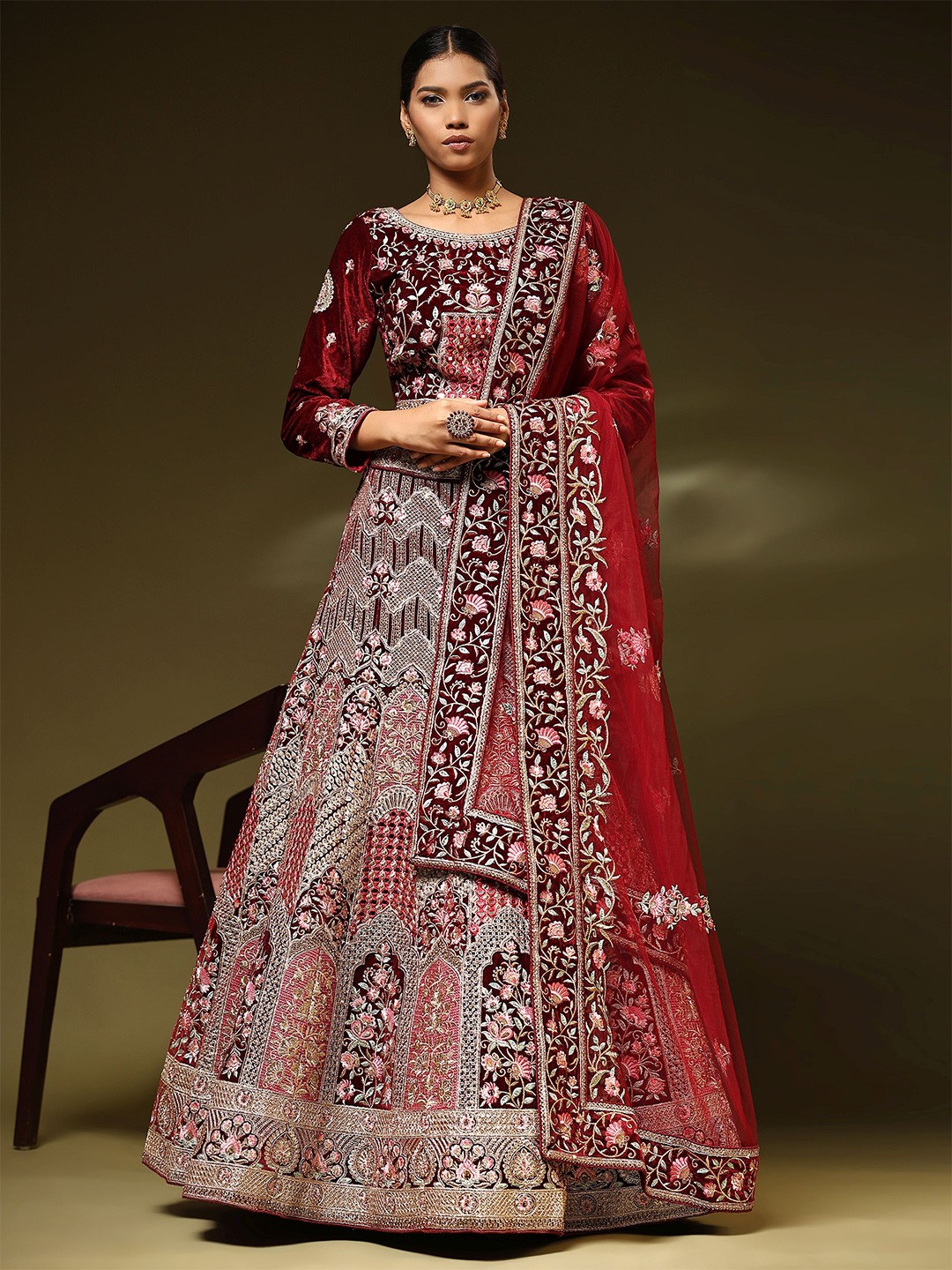 

Phenav Embroidered Ready to Wear Lehenga & Blouse With Dupatta, Maroon