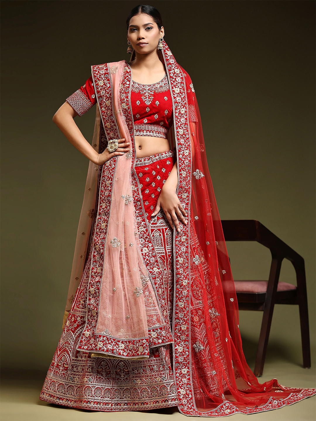

Phenav Embroidered Ready to Wear Lehenga & Blouse With Dupatta, Red