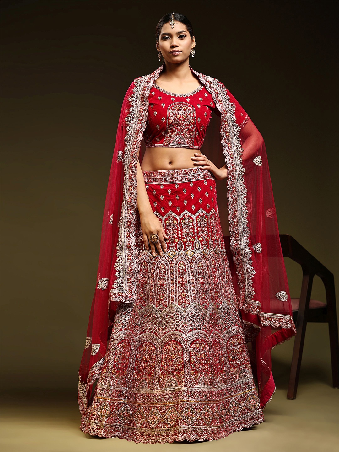 

Phenav Embroidered Ready to Wear Lehenga & Blouse With Dupatta, Red