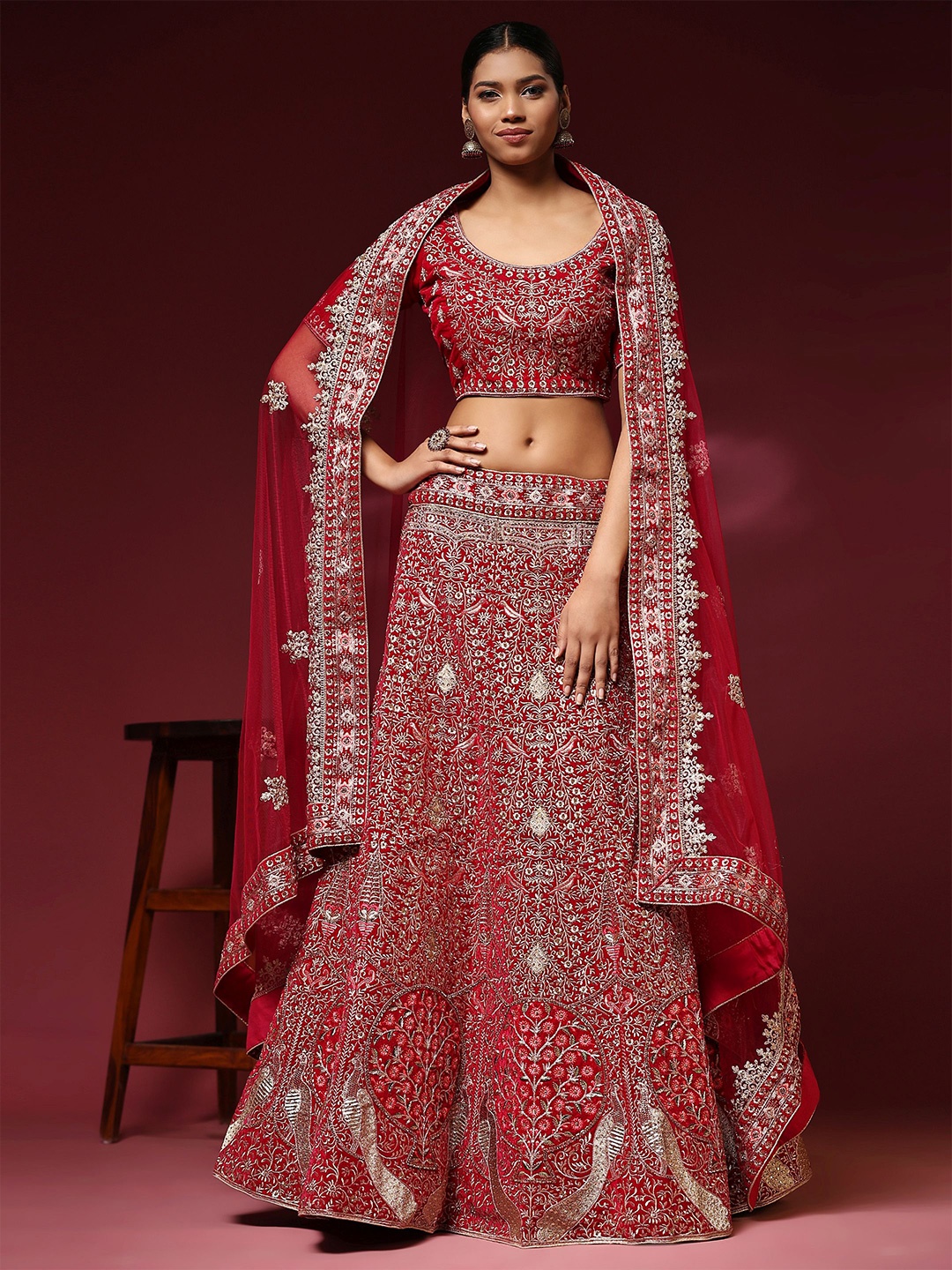 

Phenav Embroidered Ready to Wear Lehenga & Blouse With Dupatta, Red