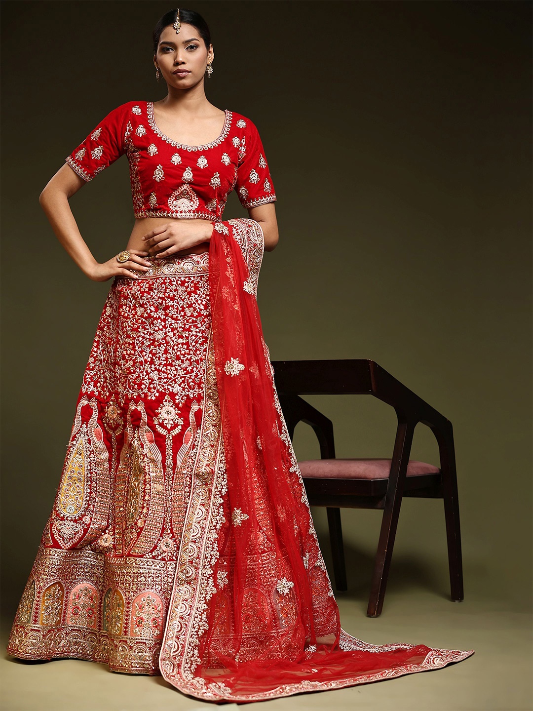 

Phenav Embroidered Ready to Wear Lehenga & Blouse With Dupatta, Red