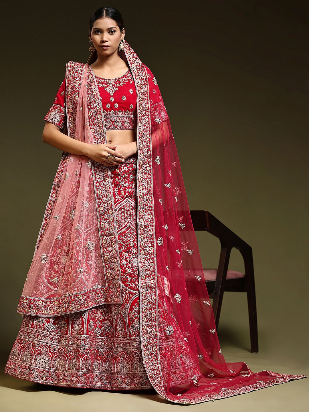 

Phenav Embroidered Ready to Wear Lehenga & Blouse With Dupatta, Red