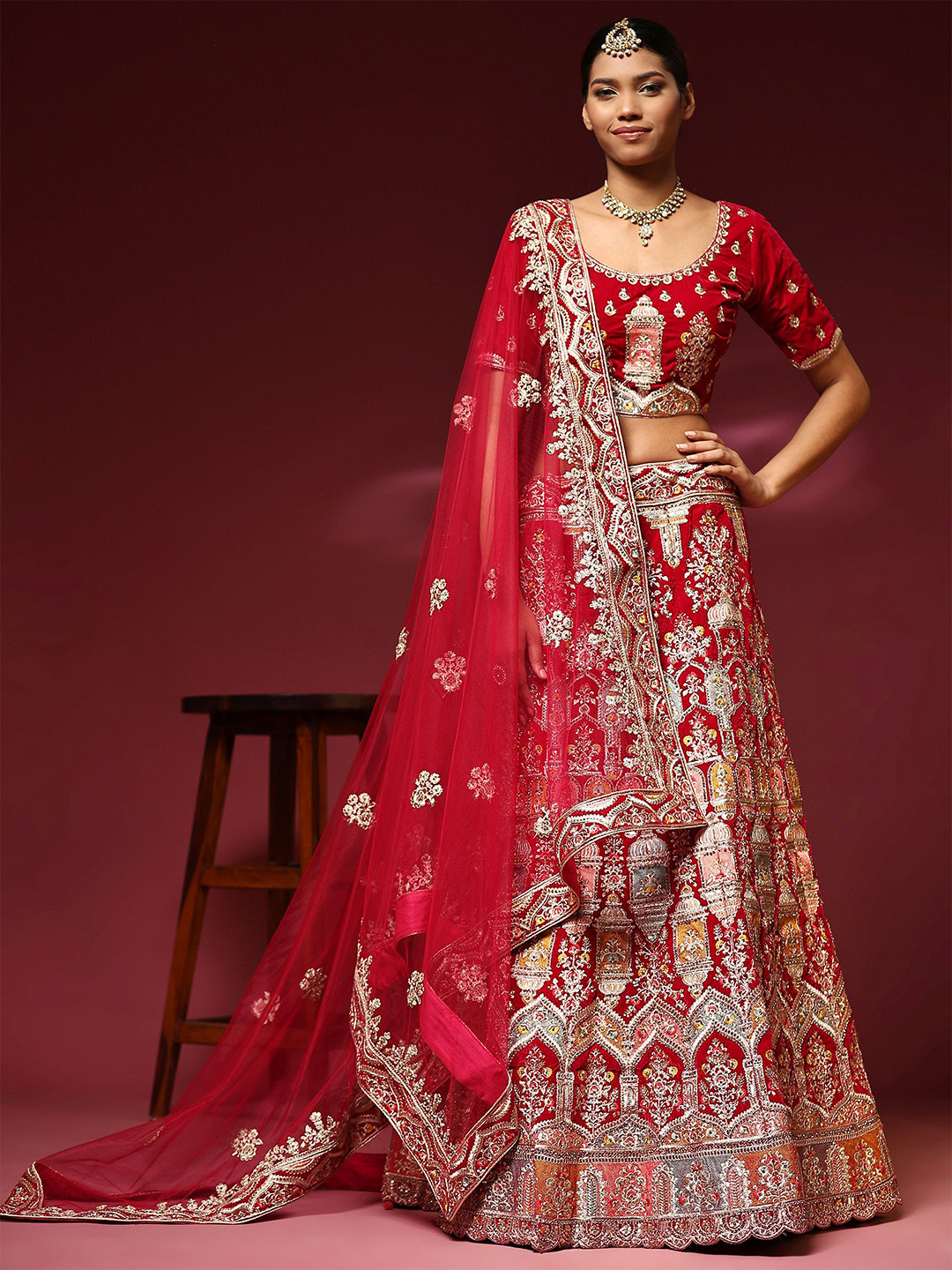 

Phenav Embellished Ready to Wear Lehenga & Blouse With Dupatta, Red