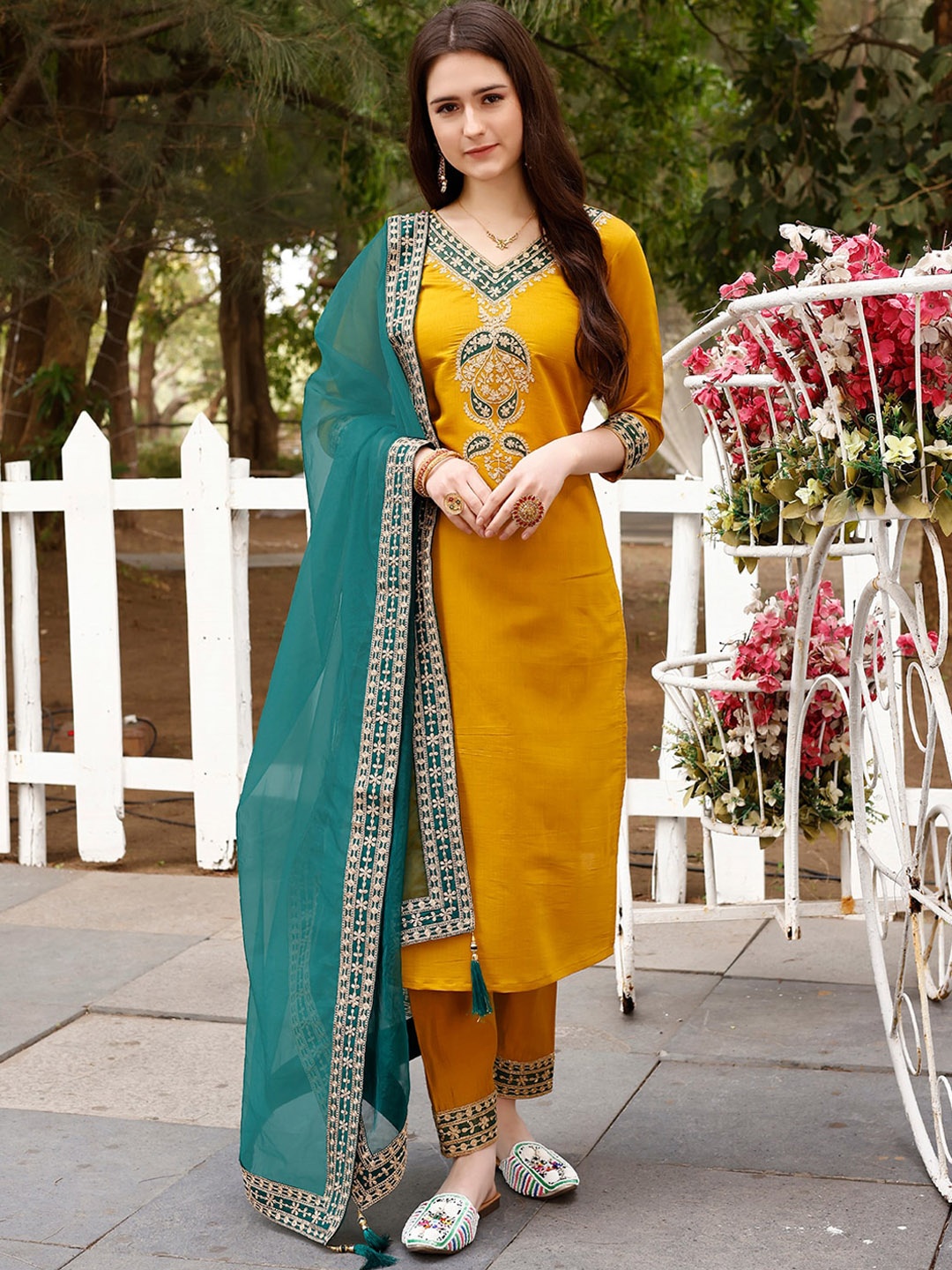 

KALINI Paisley Embroidered Zari Straight Kurta With Trousers & Dupatta, Mustard