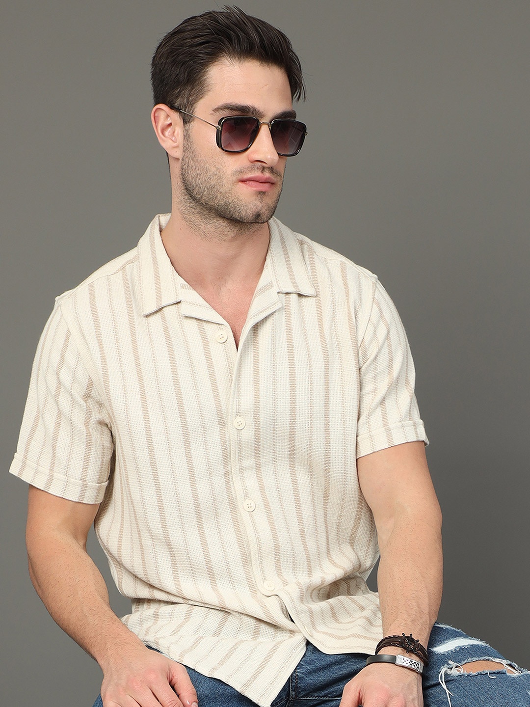 

Moda Rapido Slim Fit Striped Cotton Casual Shirt, Beige