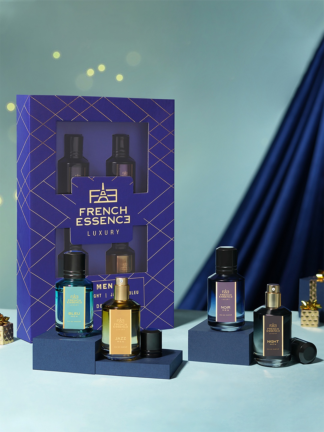 

FRENCH ESSENCE Men Luxury Set Of 4 Noir-Night-Jazz-Bleu Eau De Parfum - 25ml Each, Blue