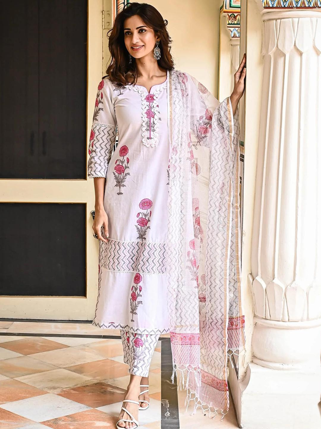 

V TRADITION Floral Printed Pure Cotton Regular Kurta With Trousers, Pink