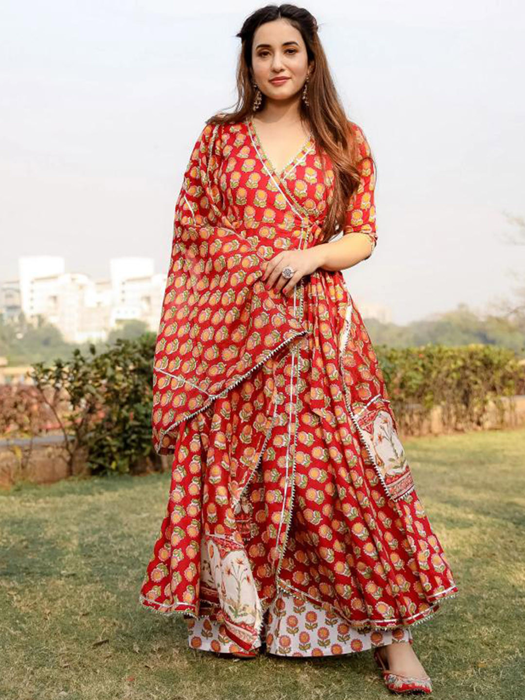 

V TRADITION Floral Printed Angrakha Gotta Patti Kurta With Palazzos & Dupatta, Red