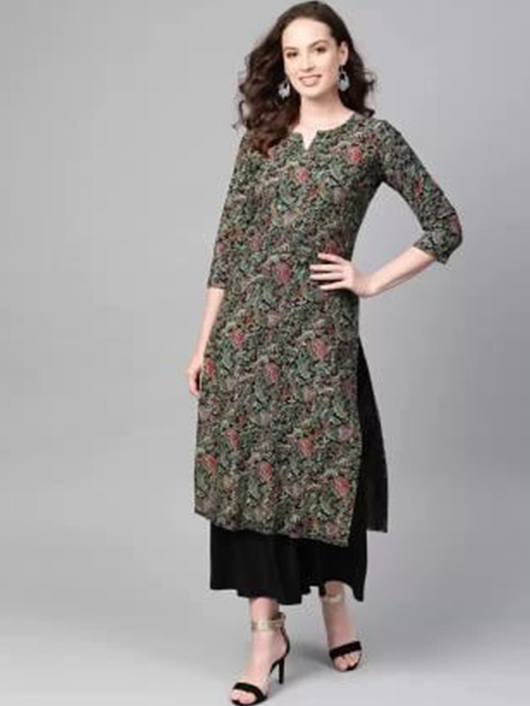 

V TRADITION Floral Printed Regular Kurta With Palazzos, Black