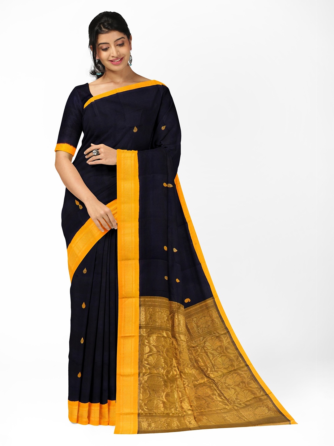 

APCO Ethnic Motifs Woven Design Zari Pure Cotton Saree, Navy blue