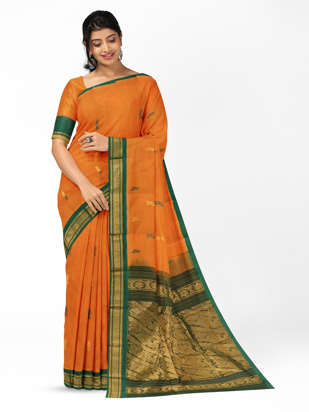 

APCO Ethnic Motifs Woven Design Zari Pure Cotton Saree, Orange