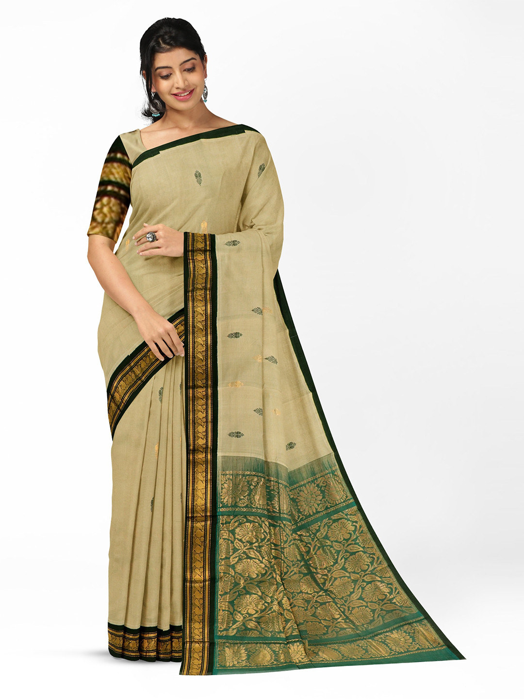 

APCO Ethnic Motifs Woven Design Zari Pure Cotton Saree, Olive
