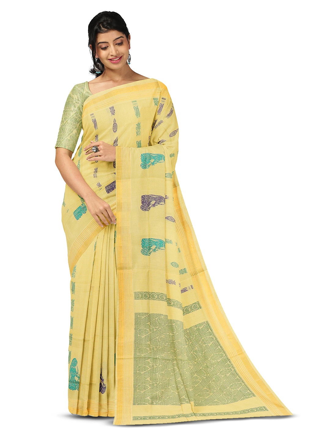 

APCO Ethnic Motifs Woven Design Zari Pure Cotton Saree, Yellow