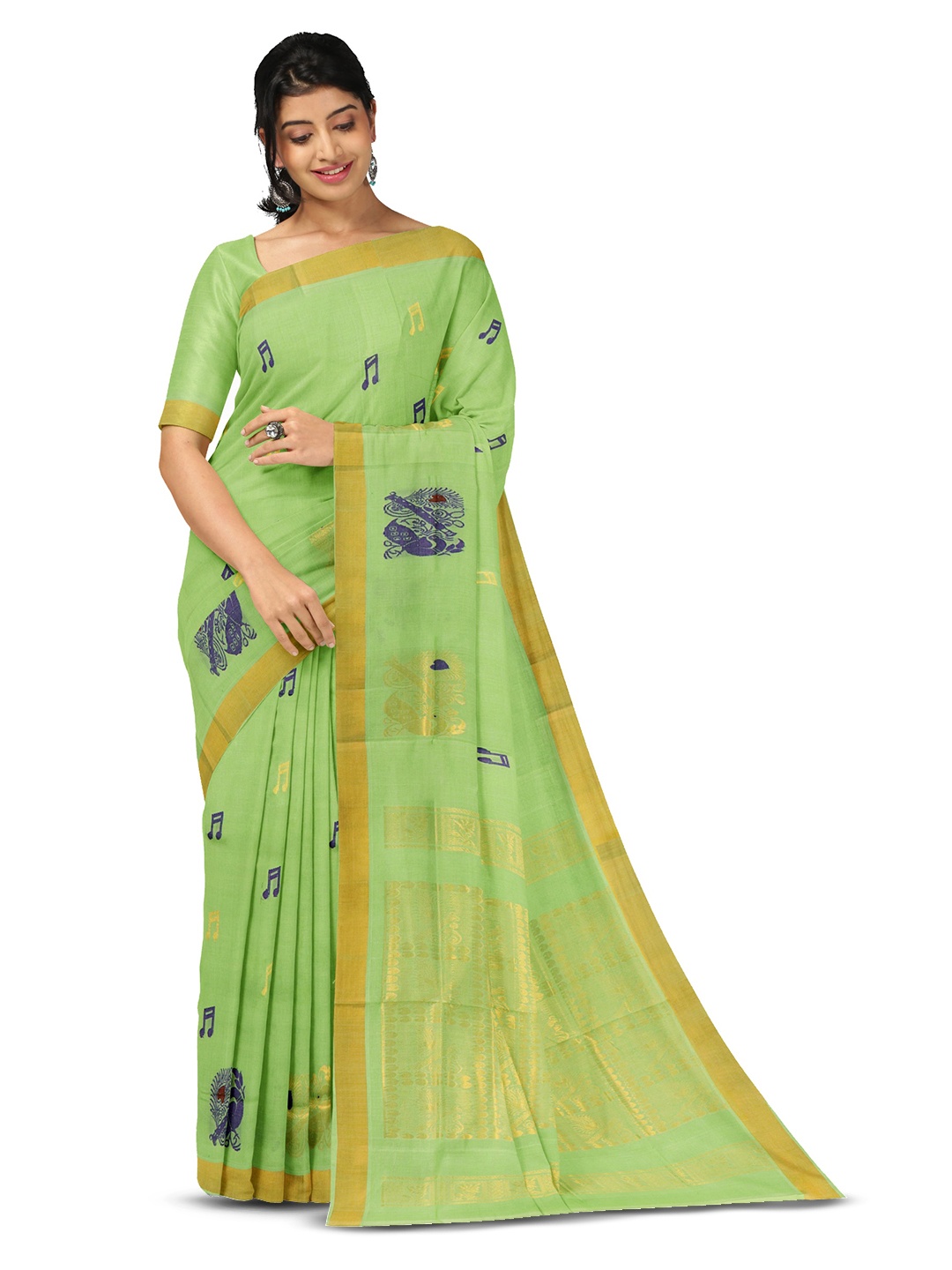 

APCO Ethnic Motifs Woven Design Zari Pure Cotton Saree, Lime green