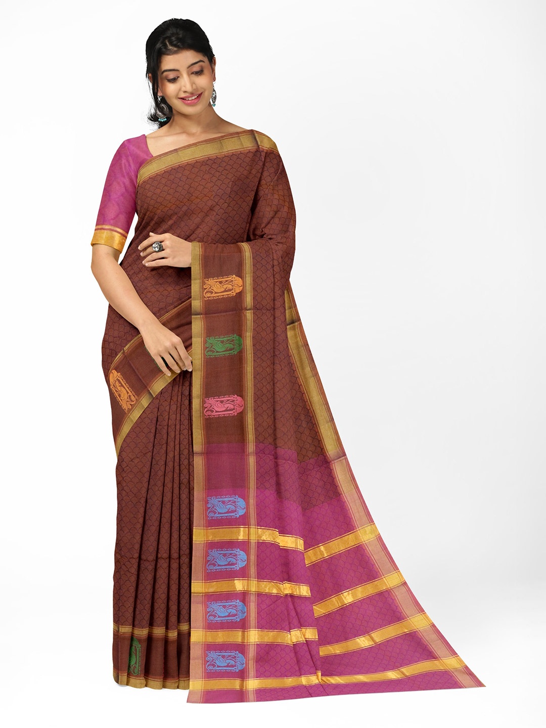 

APCO Ethnic Motifs Woven Design Zari Pure Cotton Saree, Brown